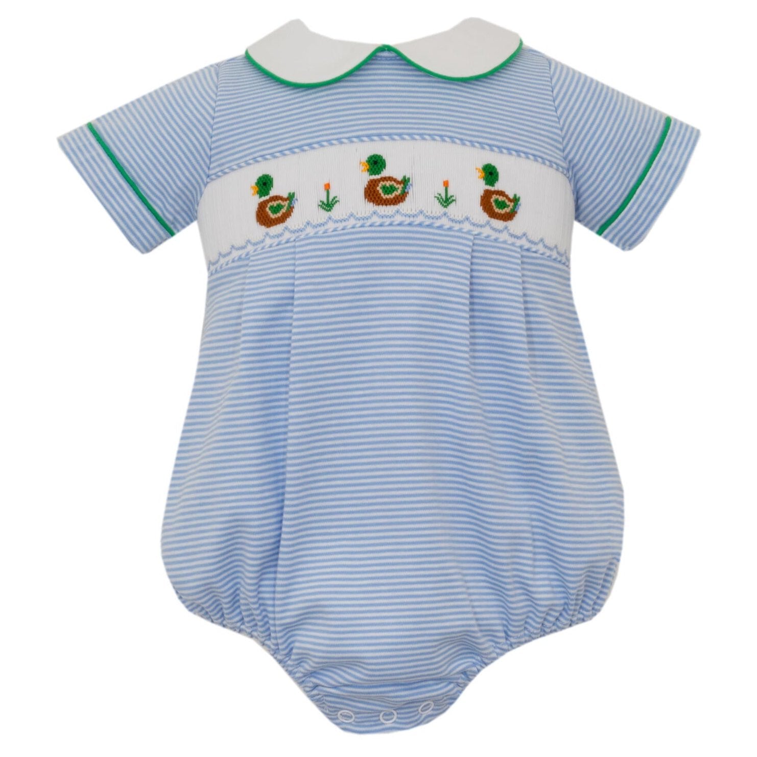 Petit Bebe, Mallard Duck Blue Stripe Knit Bubble, boy smocked duck bubble, mallard family bubble