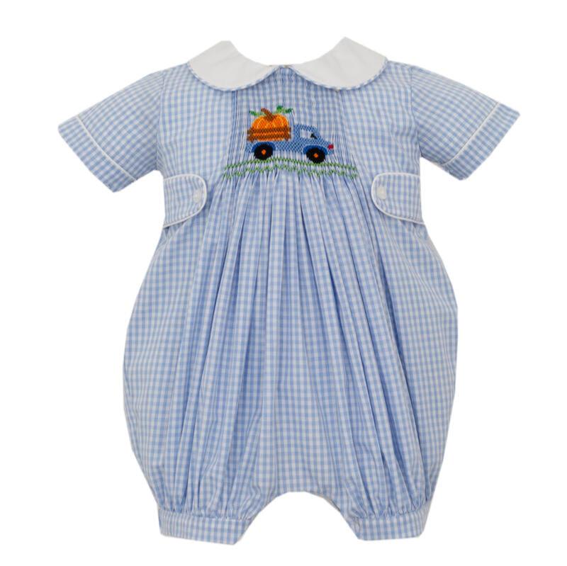 Light Blue Gingham Pumpkin Truck Romper