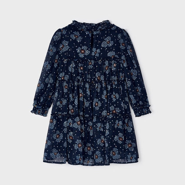 Navy Printed Chiffon Dress