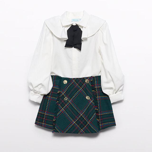 Bottle Green Plaid Skirt Set
