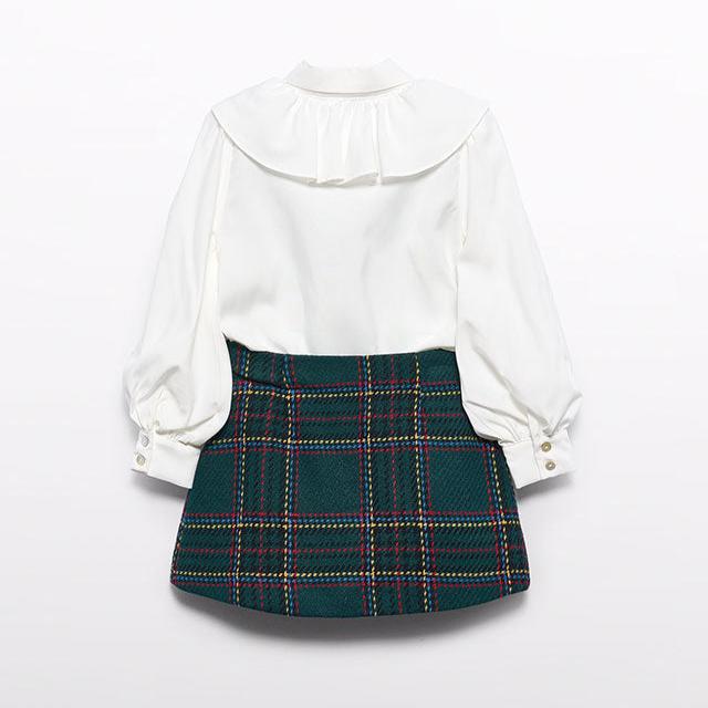 Bottle Green Plaid Skirt Set
