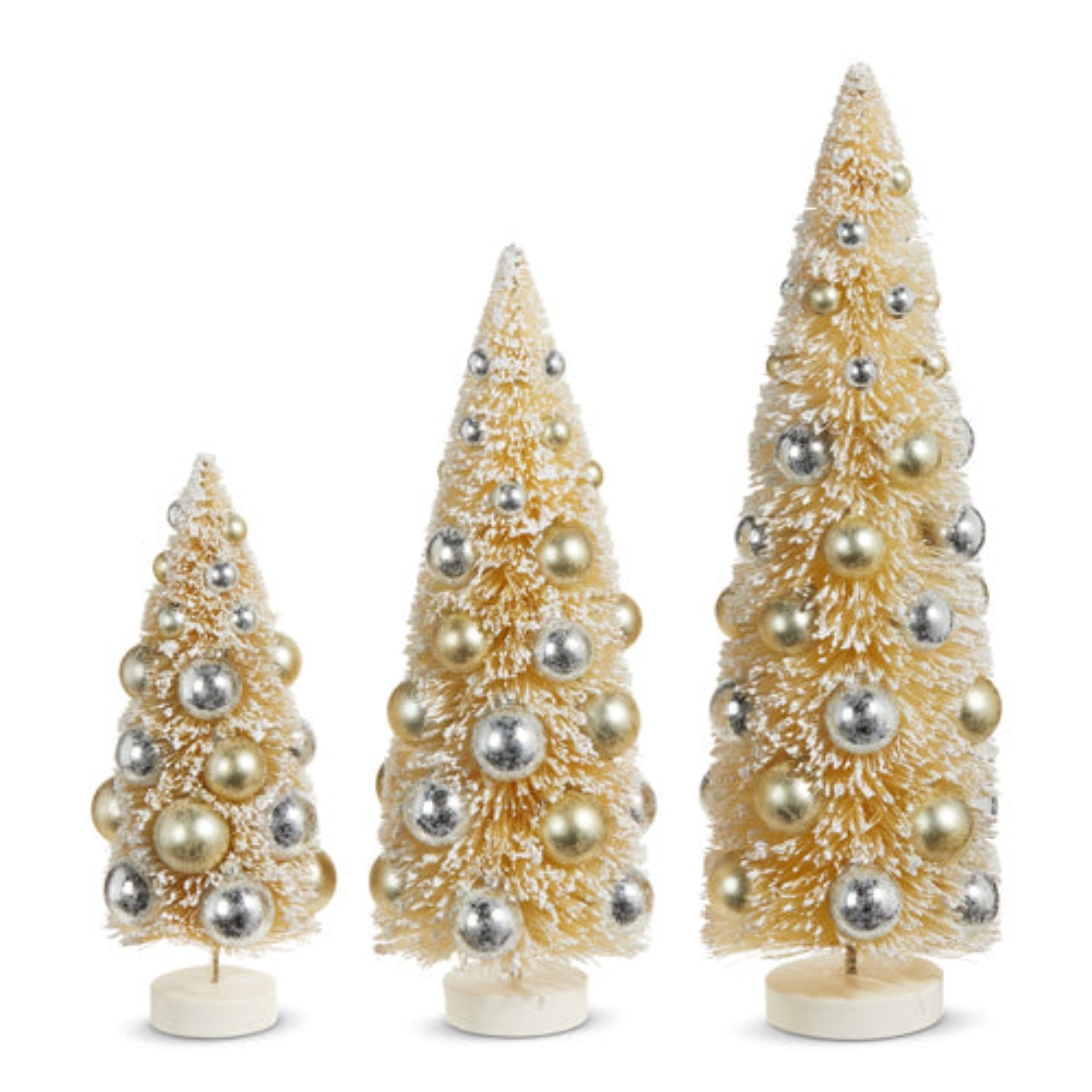 Gold Snowy Bottle Brush Trees w/ Ornaments