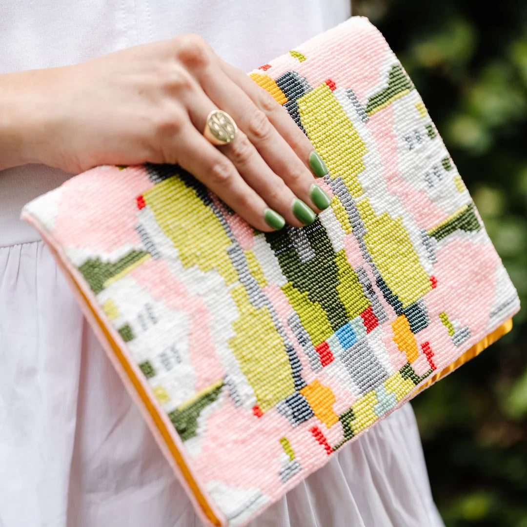 Poppy Pink Beaded Clutch