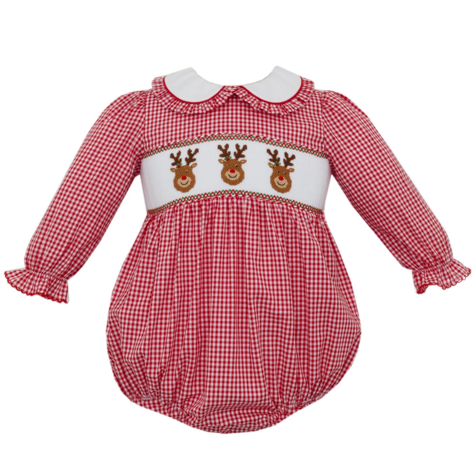 Reindeer Face Red Gingham Girl's Short Bubble