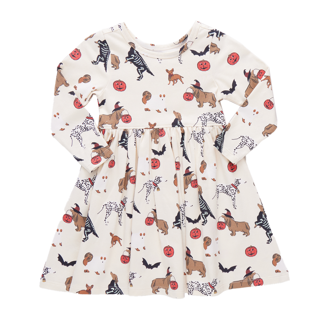 Girls Organic Long Sleeve Steph Dress - Spooky Dogs