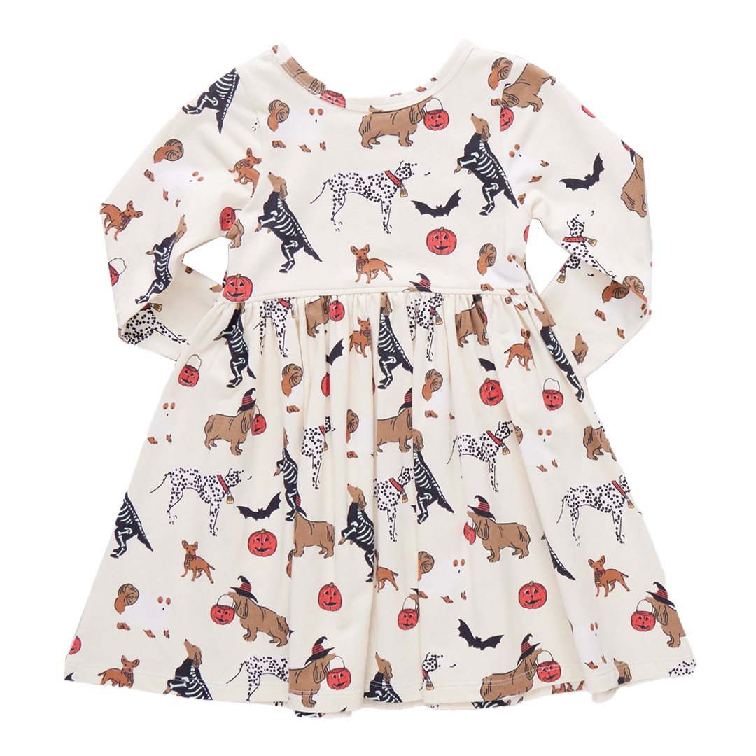 Girls Organic Long Sleeve Steph Dress - Spooky Dogs