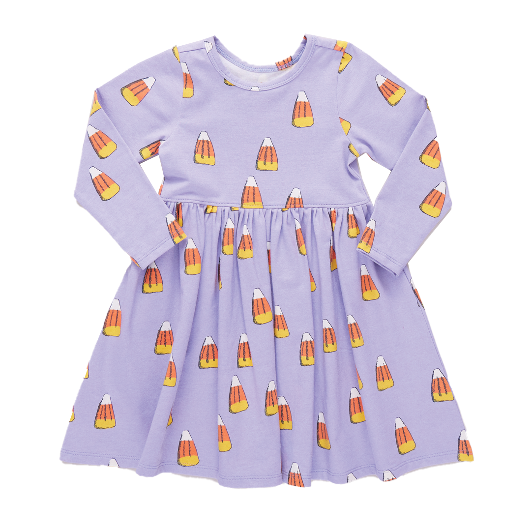 Girls Organic Long Sleeve Steph Dress - Lavender Candy Corn