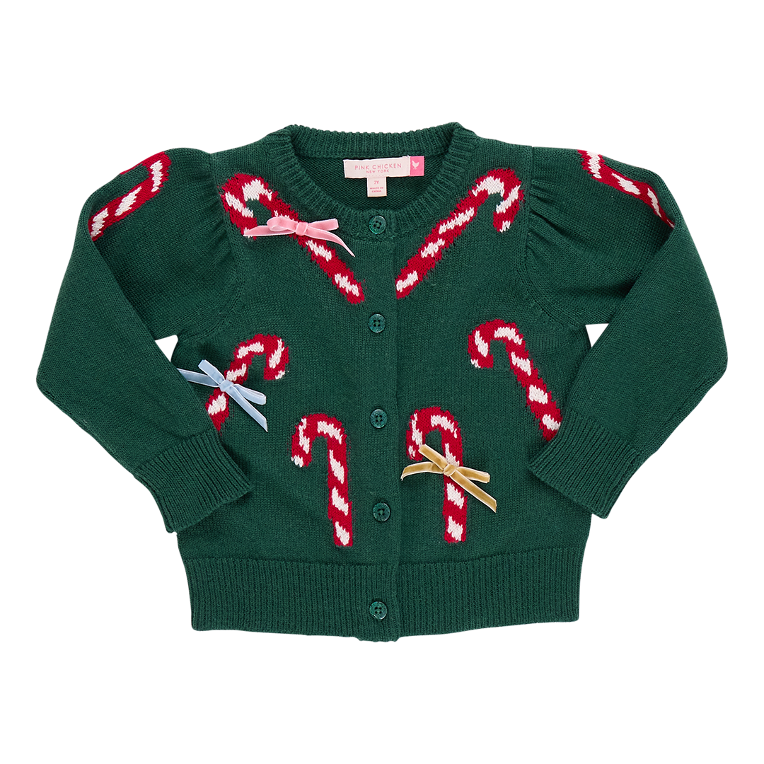 Girls Constance Sweater - Green Candy Cane Bows