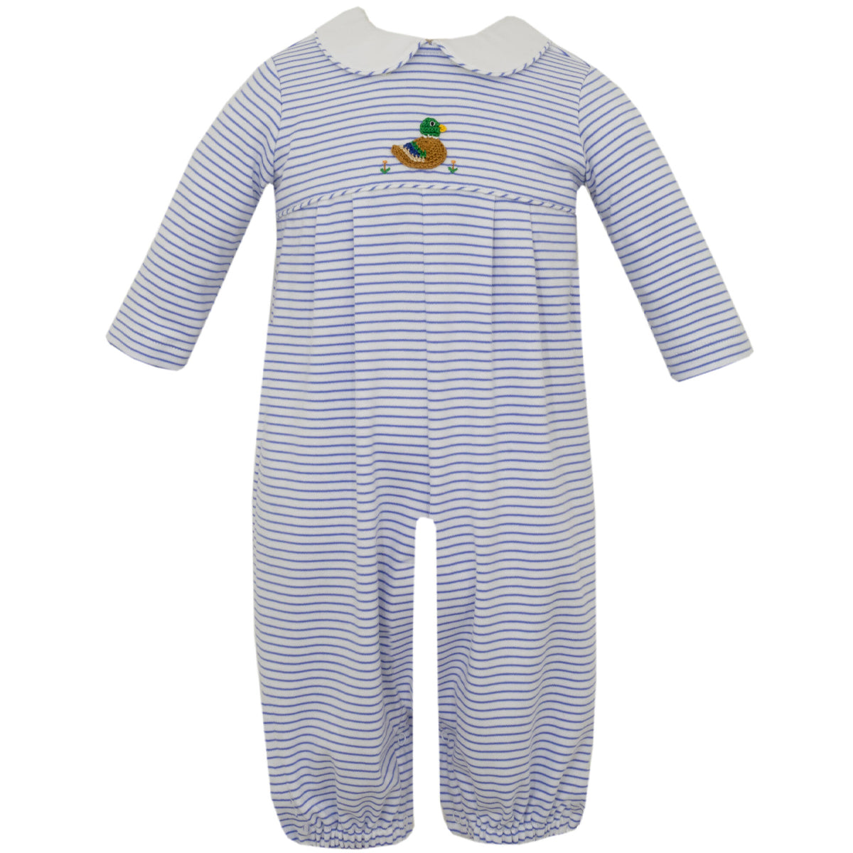 Petit Bebe, Mallard Blue Stripe knit Long Bubble, boy smocked duck outfit, mallard romper