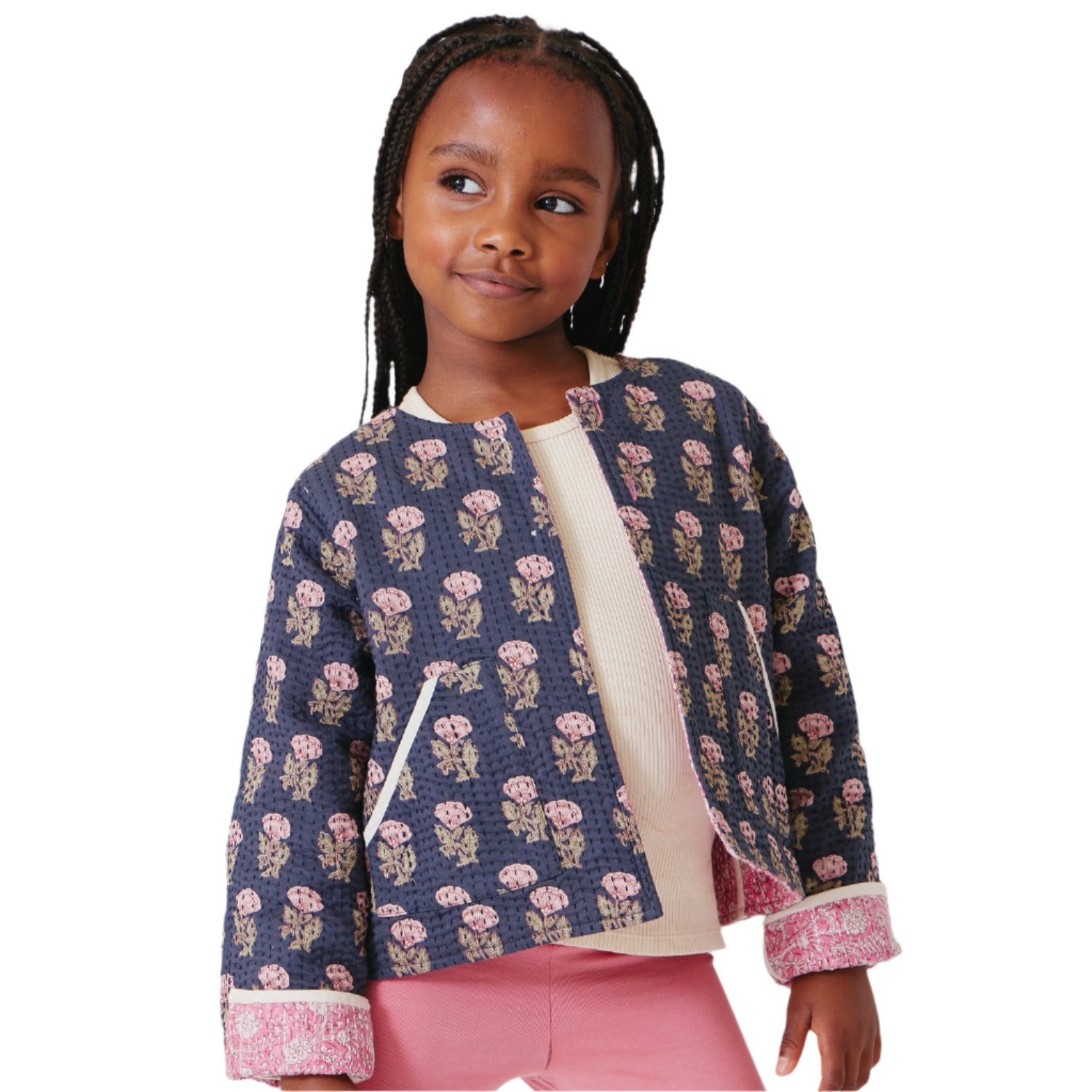 Girls Reversible Quilted Jacket - Hot Pink Garden Floral