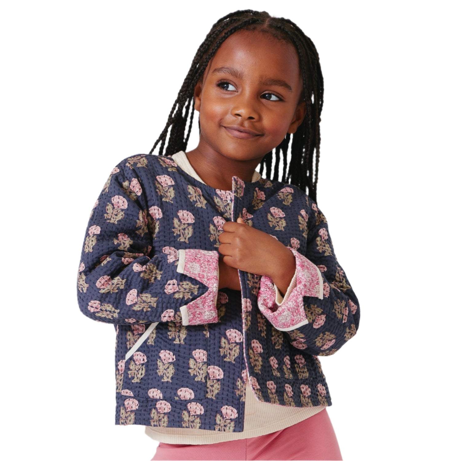 Girls Reversible Quilted Jacket- Hot Pink Garden Floral