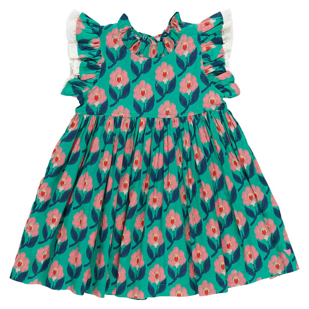 Girls Lelia Dress - Green Ikat Floral