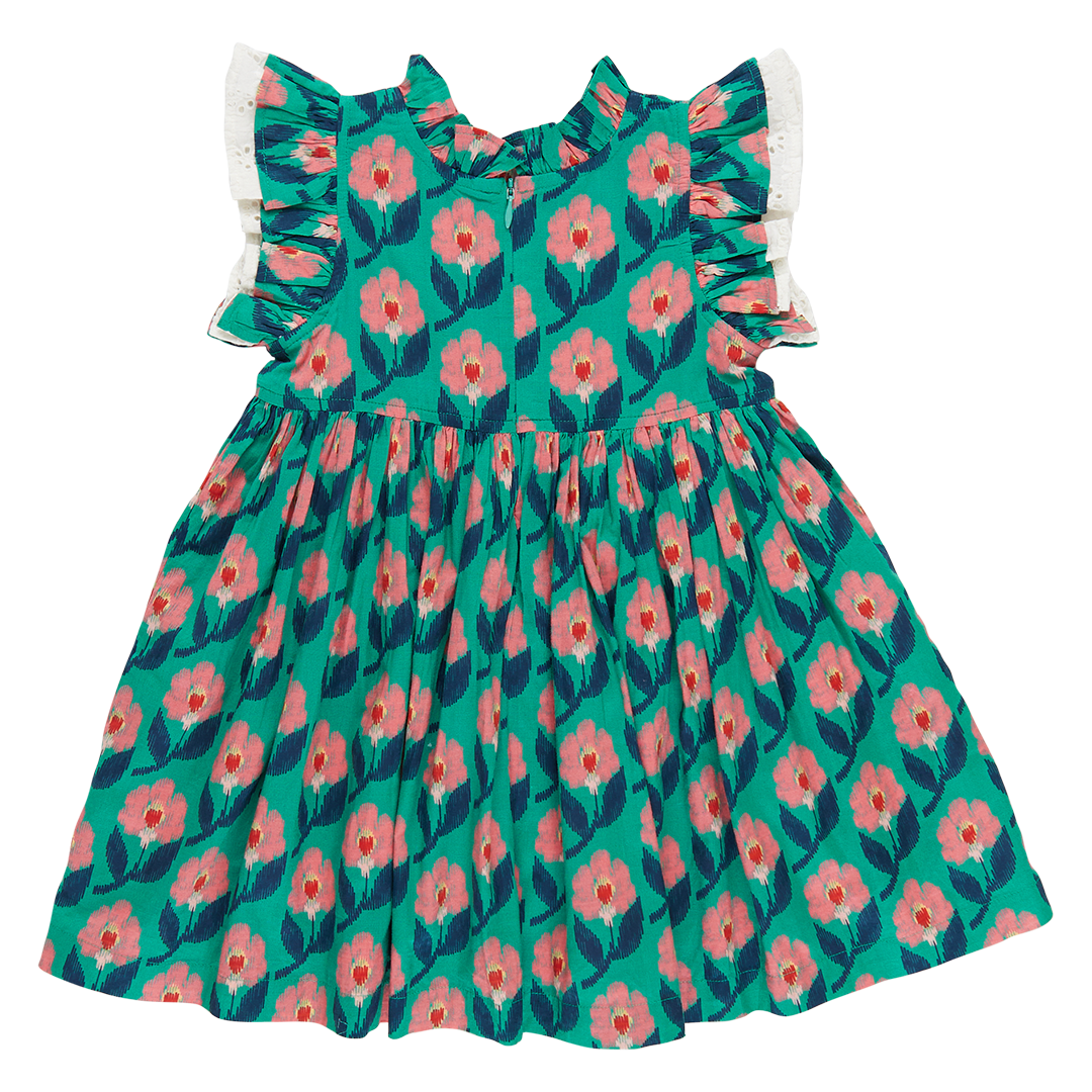 Girls Lelia Dress - Green Ikat Floral