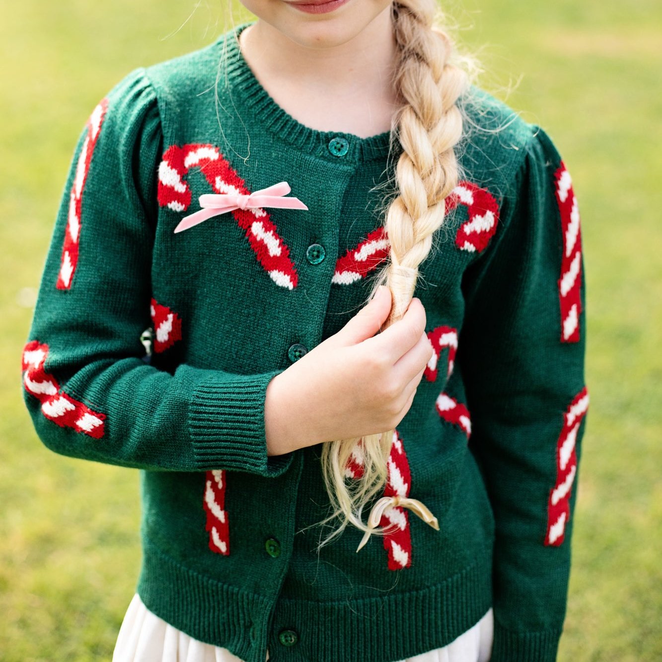 Girls Constance Sweater - Green Candy Cane Bows