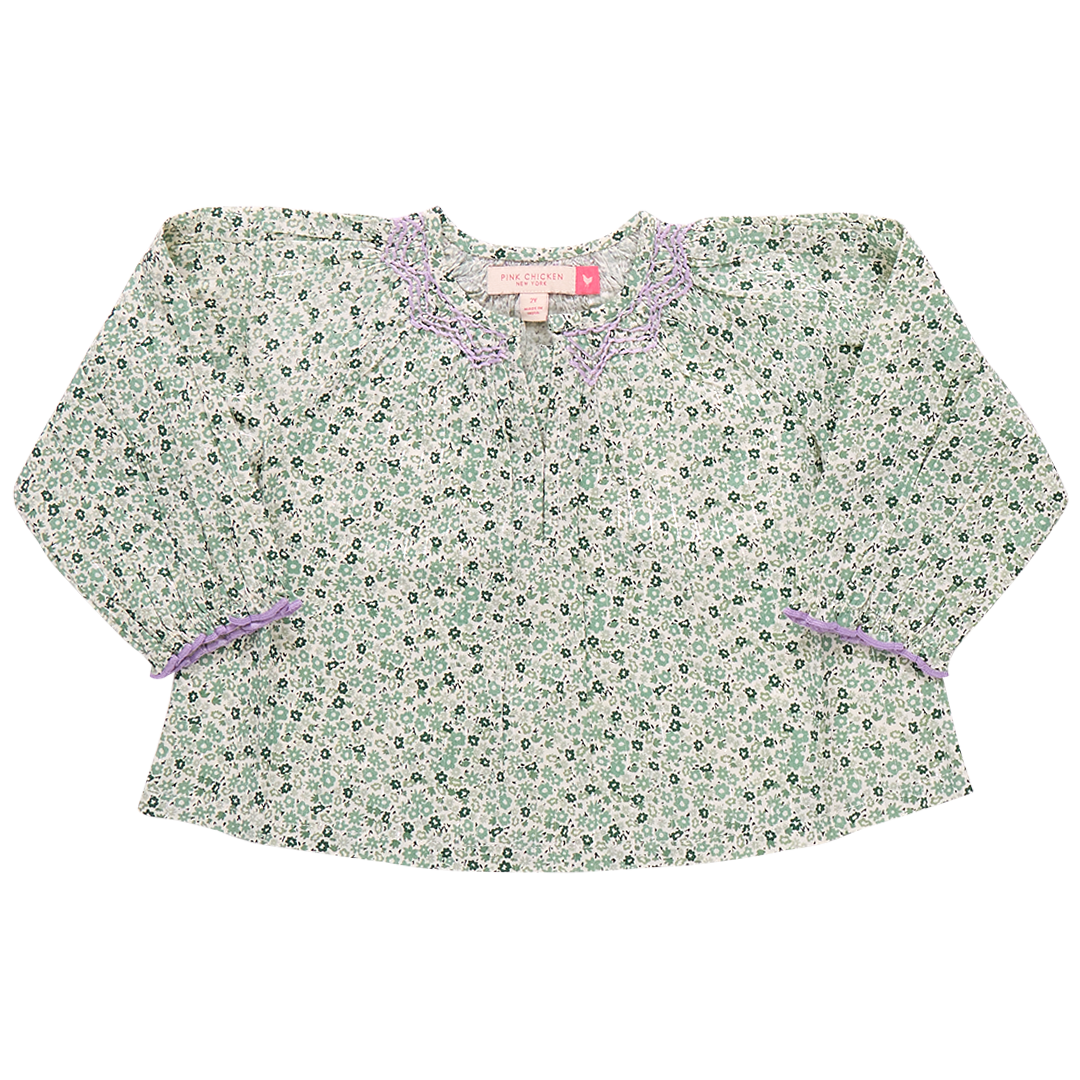 Girls Ava Top - Green Mini Ditsy