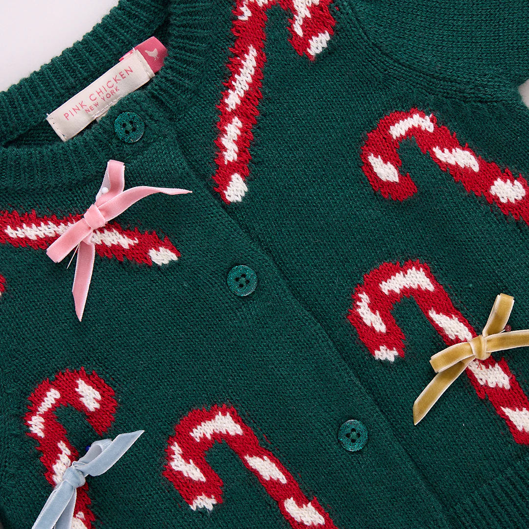 Girls Constance Sweater - Green Candy Cane Bows