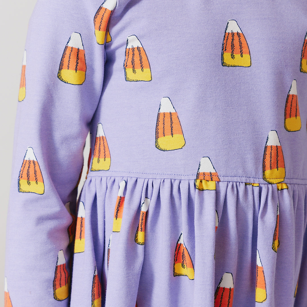 Girls Organic Long Sleeve Steph Dress - Lavender Candy Corn