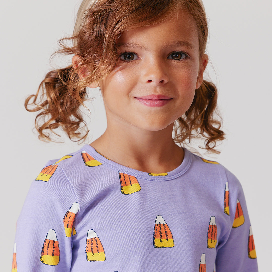 Girls Organic Long Sleeve Steph Dress - Lavender Candy Corn