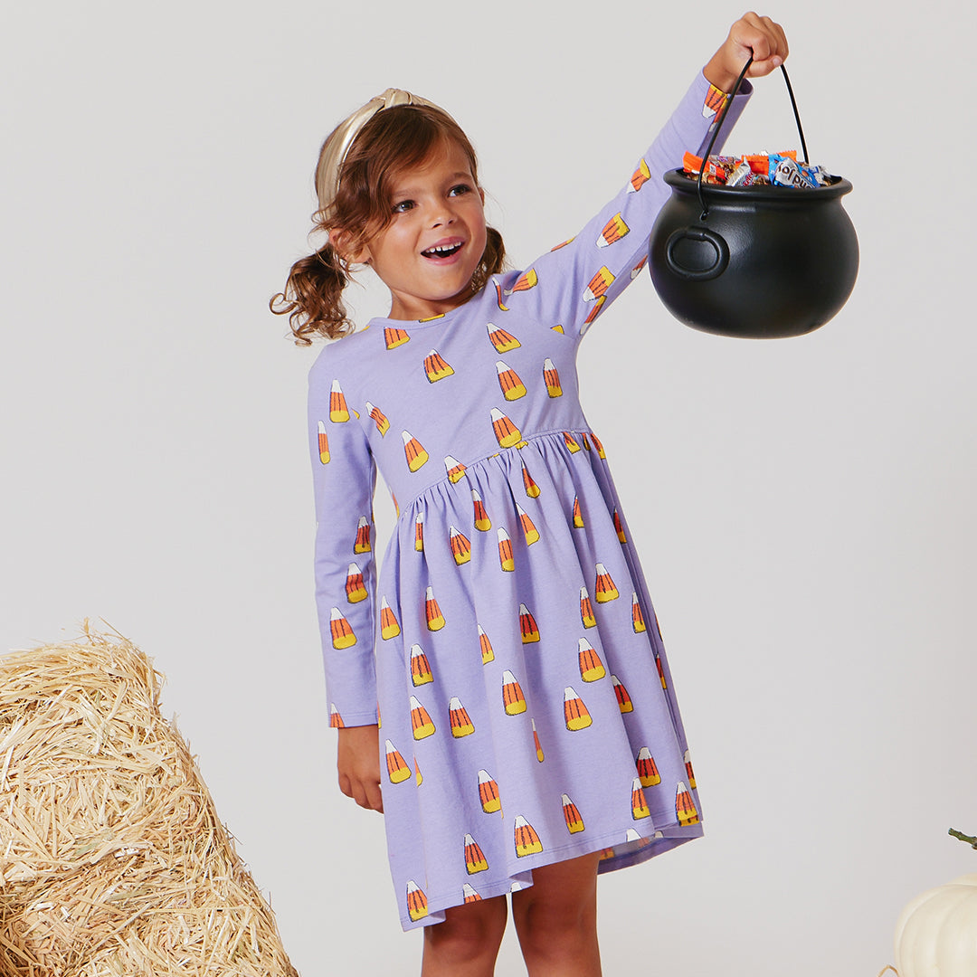 Girls Organic Long Sleeve Steph Dress - Lavender Candy Corn