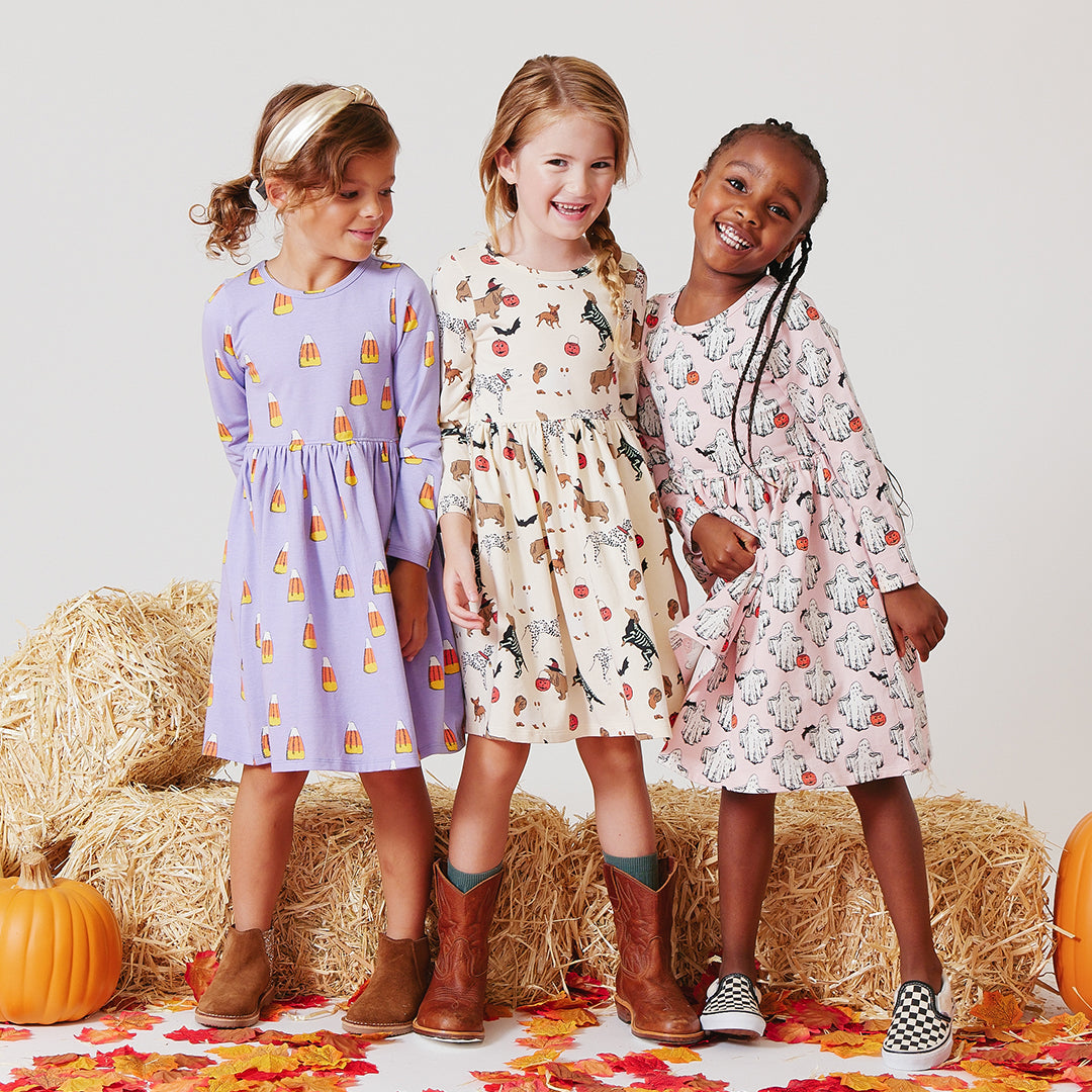 Girls Organic Long Sleeve Steph Dress - Spooky Dogs