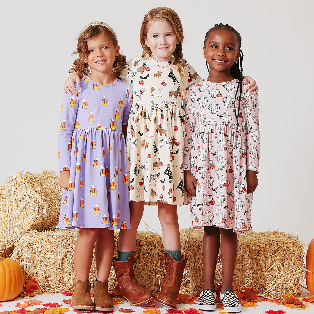 Girls Organic Long Sleeve Steph Dress - Spooky Dogs