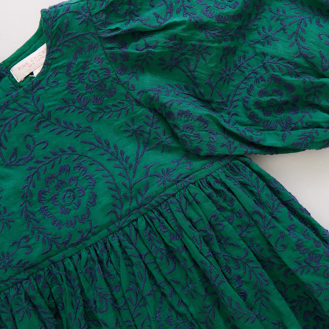 Girls Brooke Dress - Evergreen Blooming Embroidery