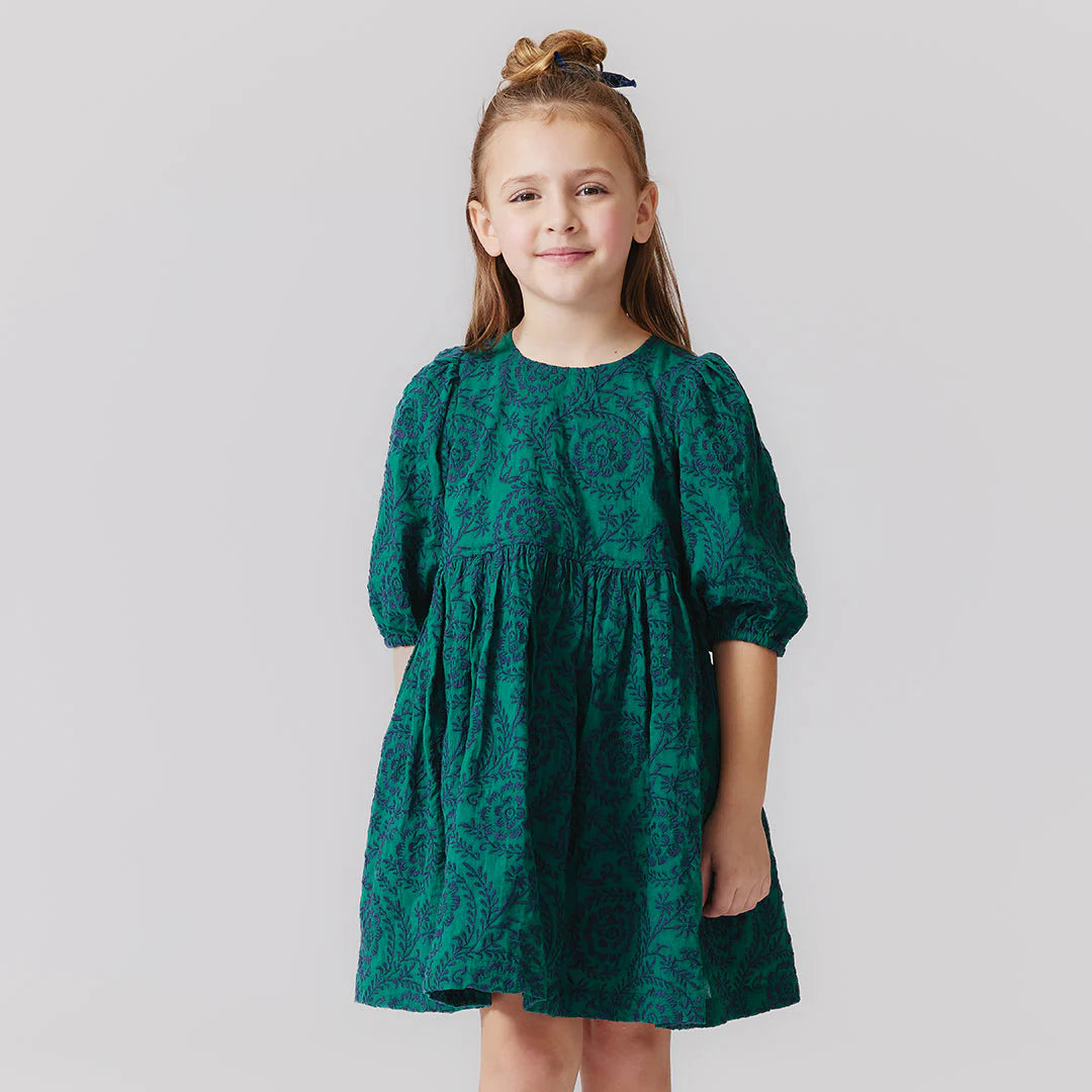 Girls Brooke Dress - Evergreen Blooming Embroidery