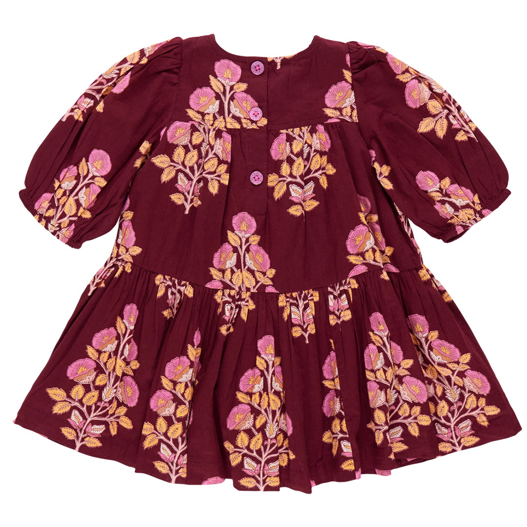 Girls Fiona Dress - Burgundy Bouquet Floral