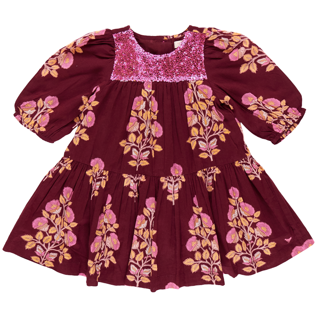 Girls Fiona Dress - Burgundy Bouquet Floral