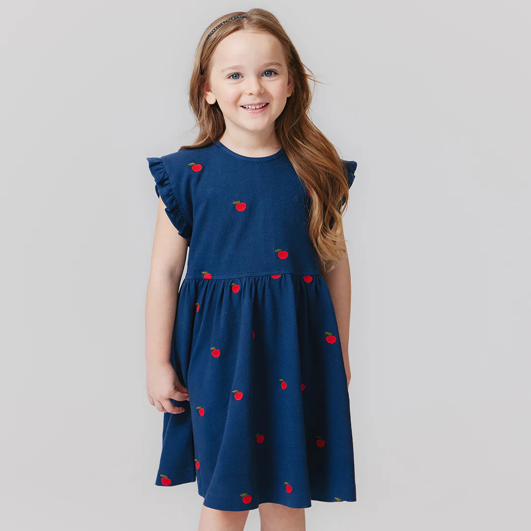 Girls Adaline Ruffle Dress - Apples Embroidery