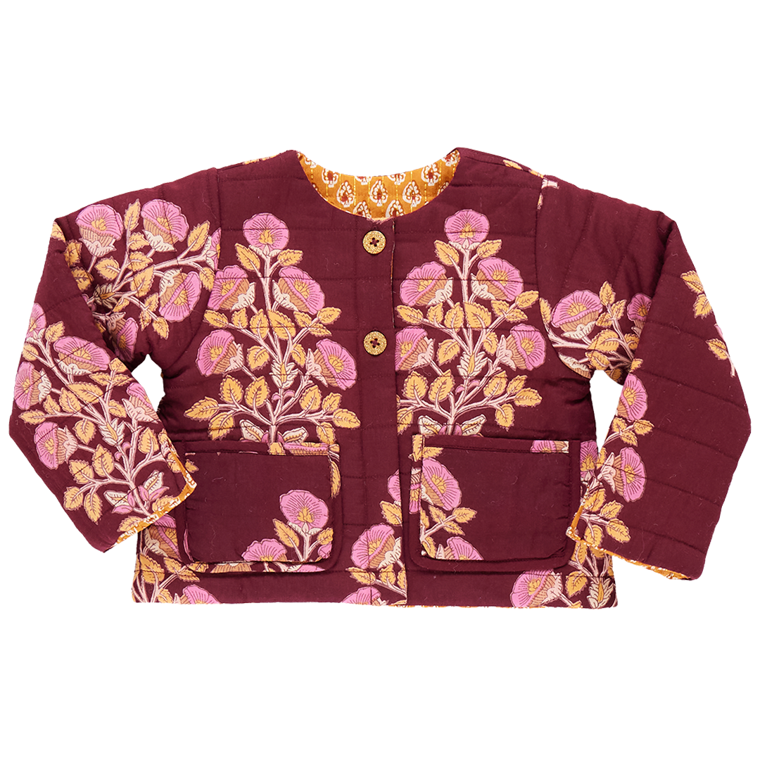 Girls Reversible Quilted Jacket - Burgundy Bouquet Floral