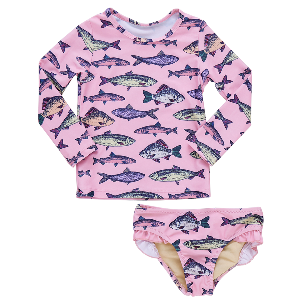 Girls Rash Guard Set - Pink Multi Fishies