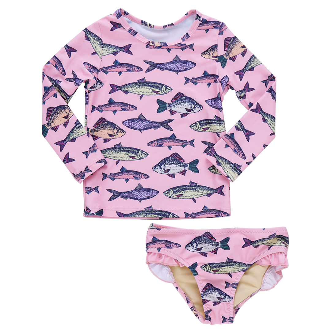 Girls Rash Guard Set - Pink Multi Fishies