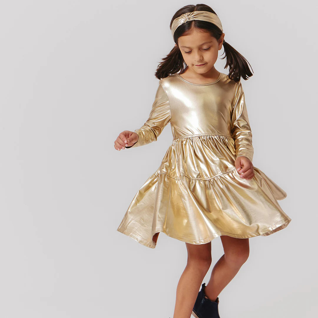 Girls Lame Polly Dress - Gold