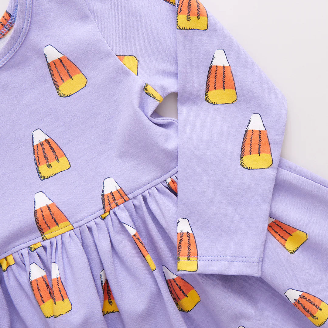 Girls Organic Long Sleeve Steph Dress - Lavender Candy Corn