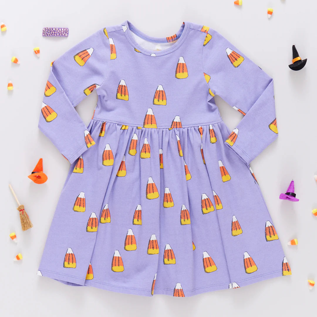 Girls Organic Long Sleeve Steph Dress - Lavender Candy Corn