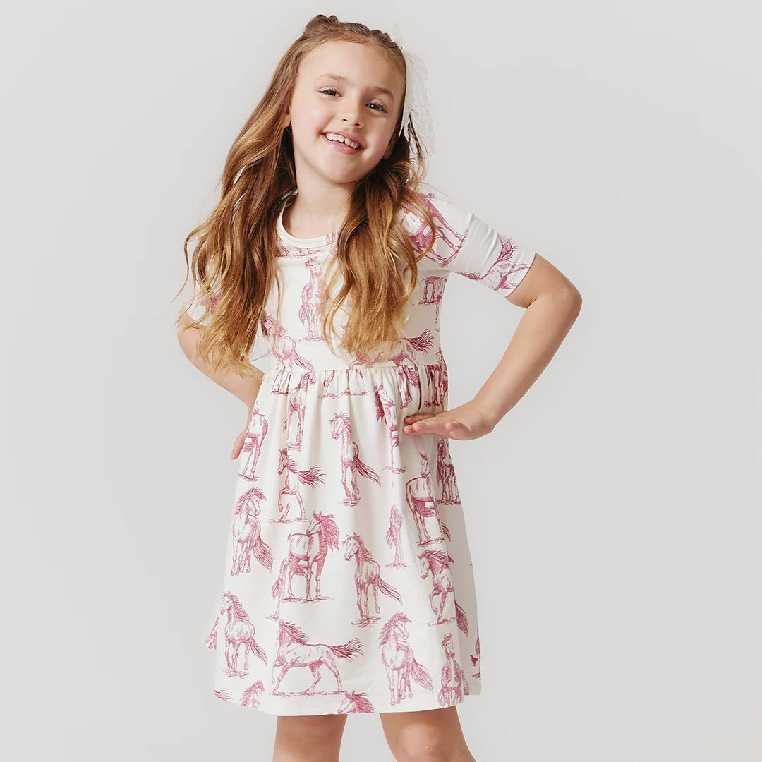 Girls Organic Steph Dress - Vintage Rose Horses