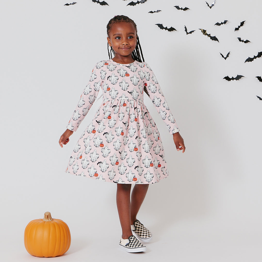 Girls Organic Long Sleeve Steph Dress - Boo