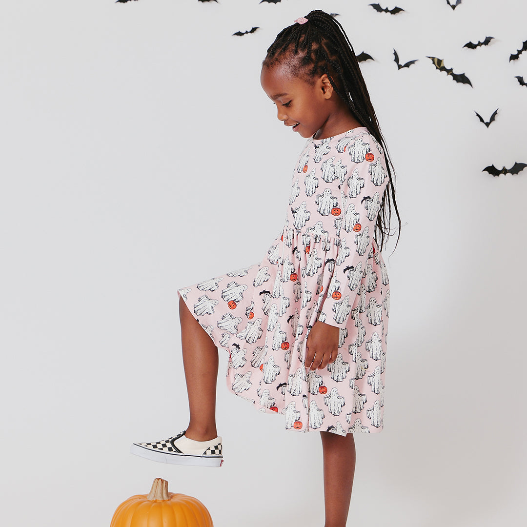 Girls Organic Long Sleeve Steph Dress - Boo