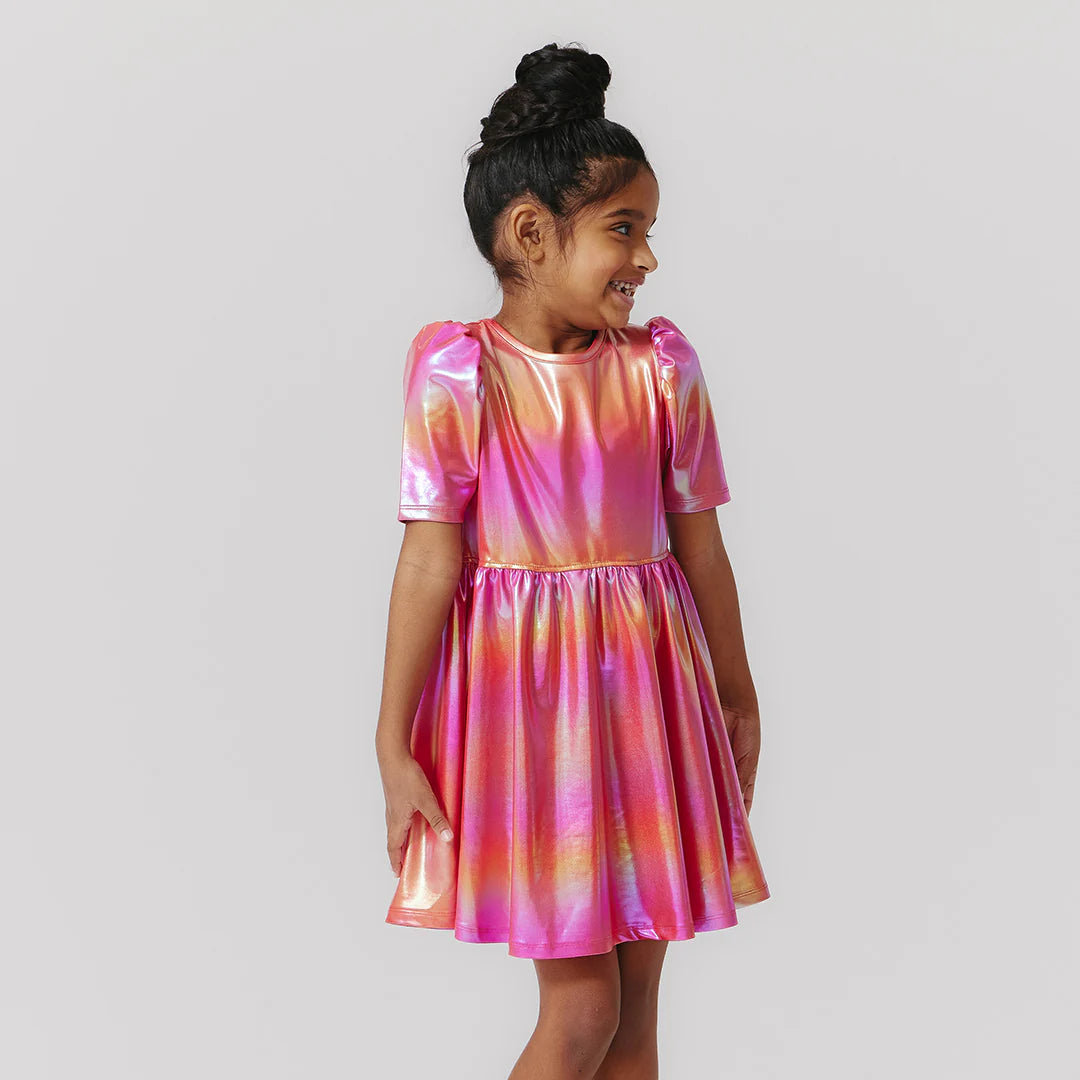 Girls Lame Laurie Dress - Rainbow Pink Lame