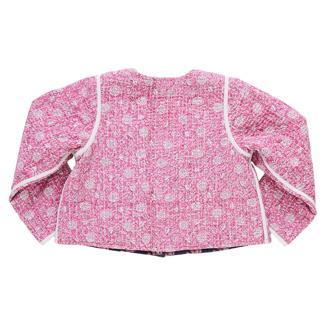 Girls Reversible Quilted Jacket - Hot Pink Garden Floral