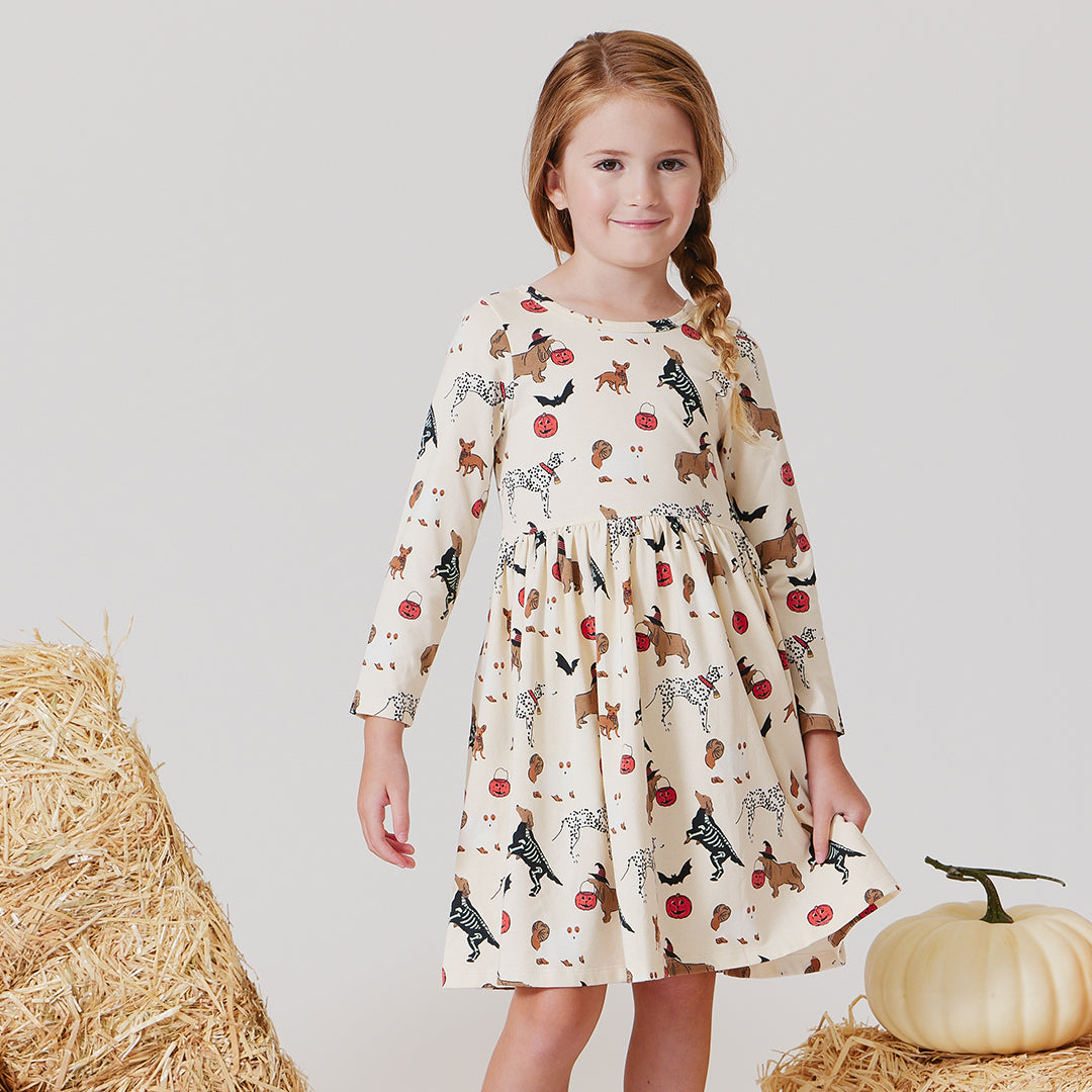 Girls Organic Long Sleeve Steph Dress - Spooky Dogs