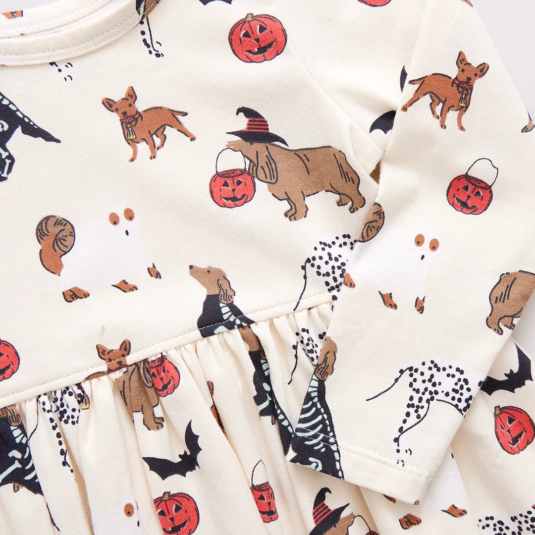 Girls Organic Long Sleeve Steph Dress - Spooky Dogs