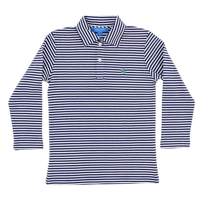 Navy & White Medium Stripe Long Sleeve Polo