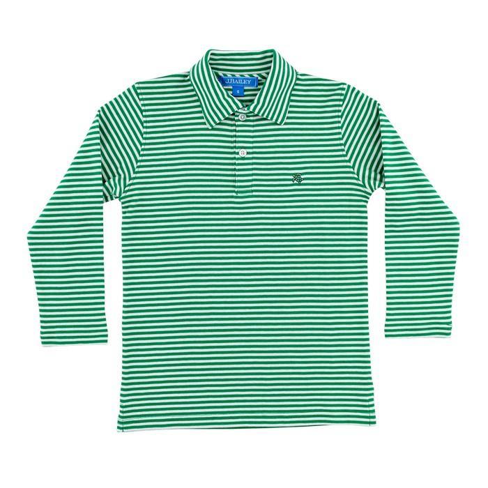 Green & White Medium Stripe Long Sleeve Polo