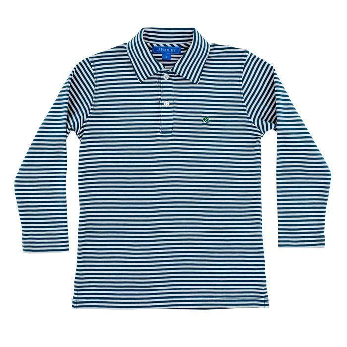 Teal & White Medium Stripe Long Sleeve Polo