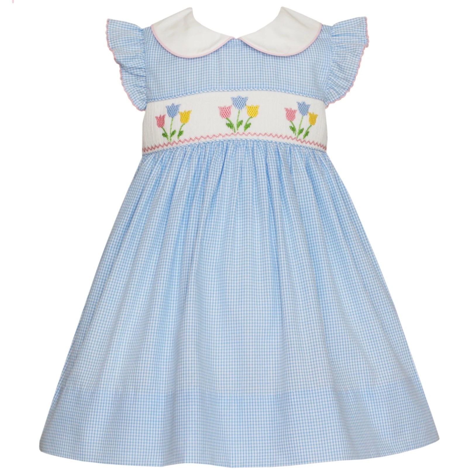 Blue Gingham Smocked Tulips Dress 