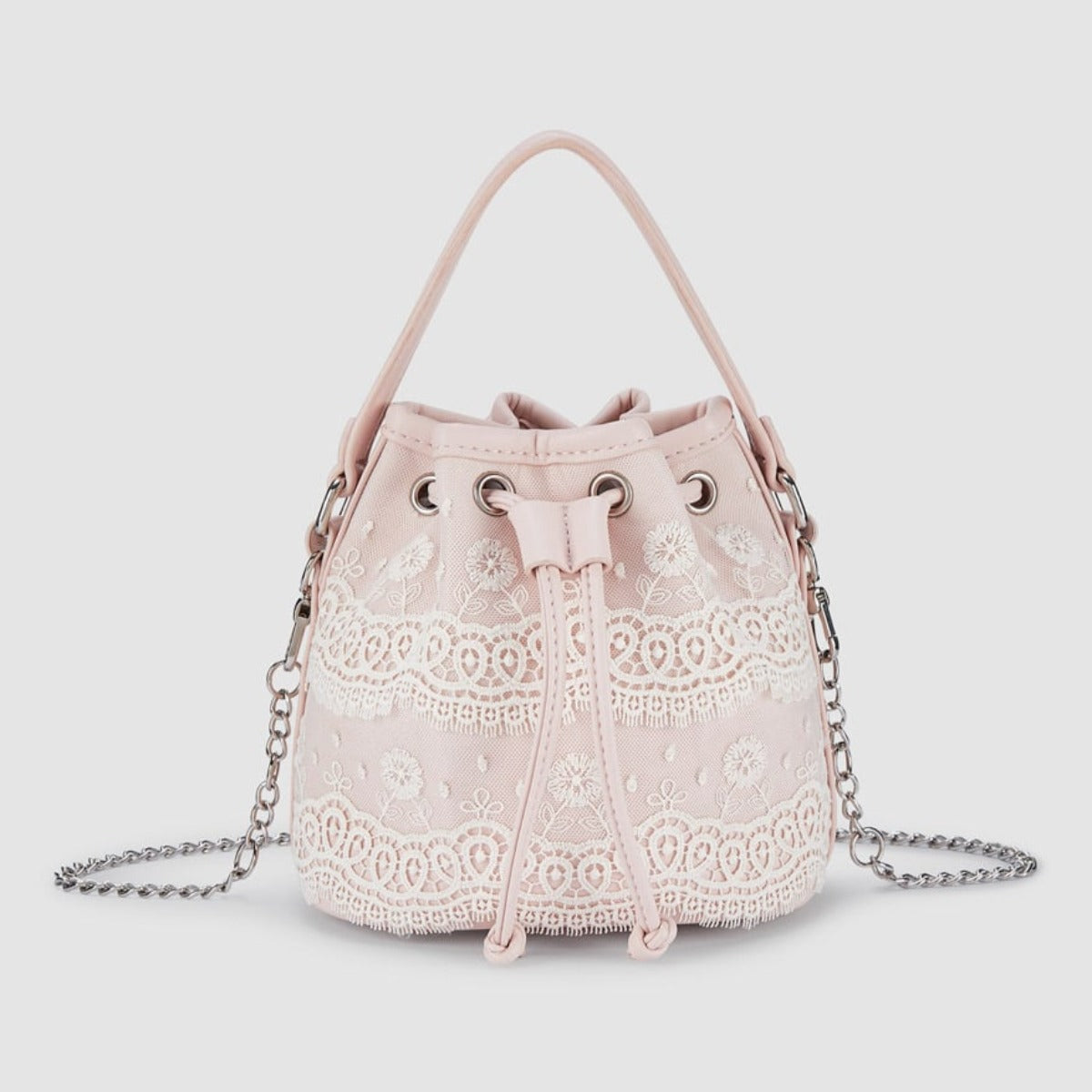 Salmon Pink Drawstring Embroidered Bucket Bag