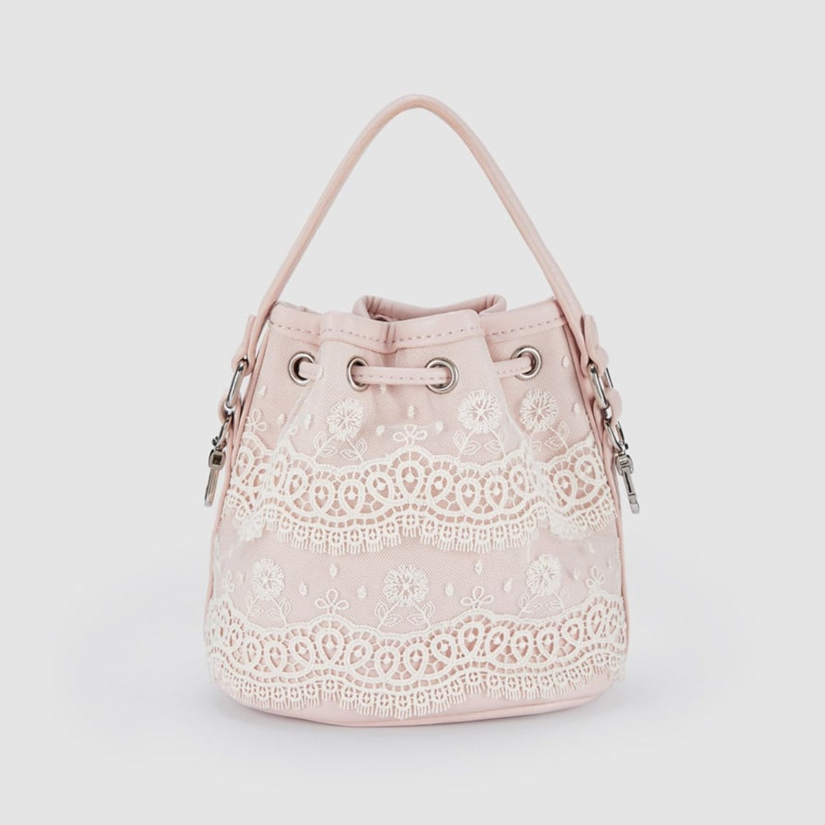 Salmon Pink Drawstring Embroidered Bucket Bag