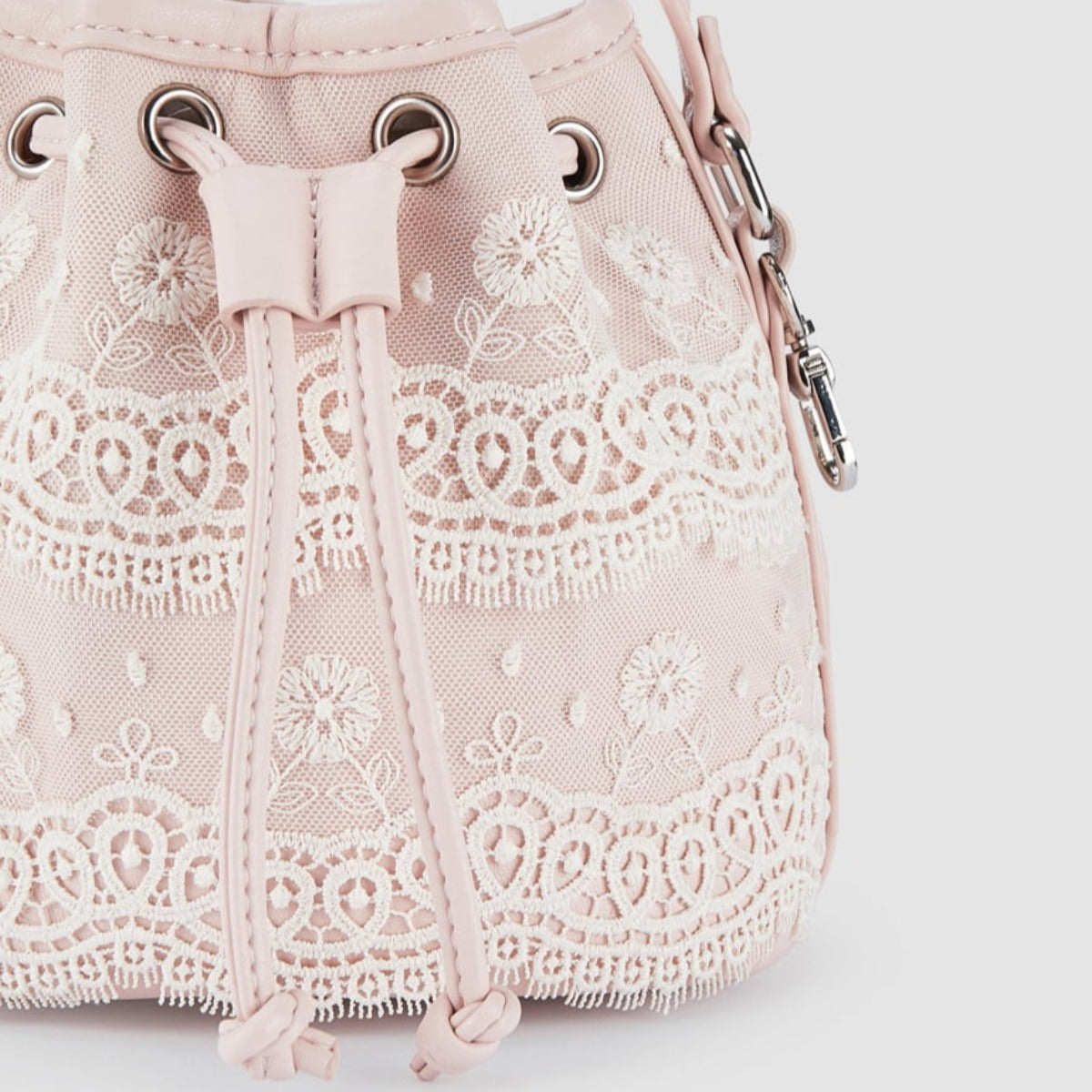 Salmon Pink Drawstring Embroidered Bucket Bag